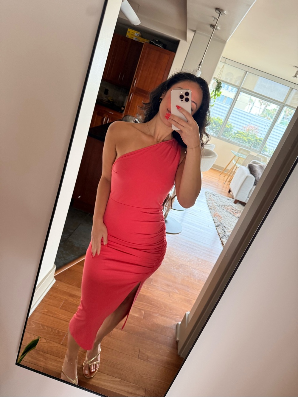 Sarin Mathews Women's One Shoulder Ruched Bodycon Midi Dress - Hot Pink
